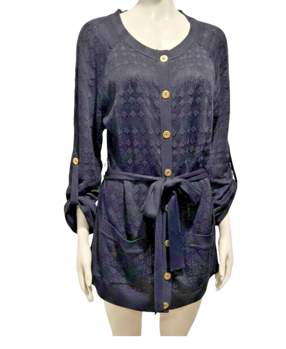 St John Sweater Lightweight Knit Roll Tab Sleeves Belted Viscose Cardigan L